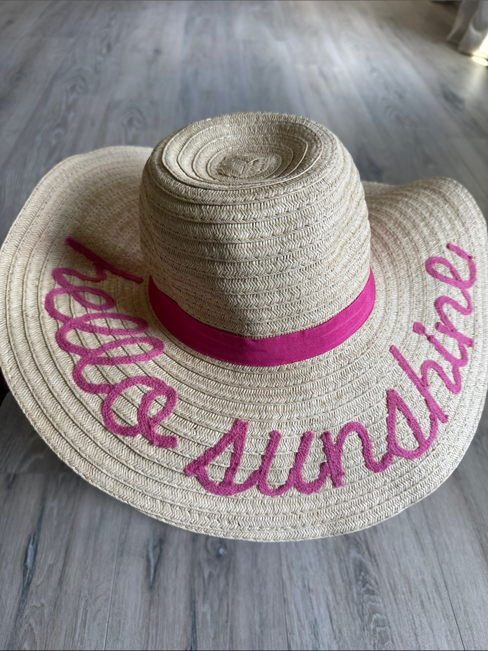 Wide Brim Straw Sun Hat with Pink 'Hello Sunshine' Script